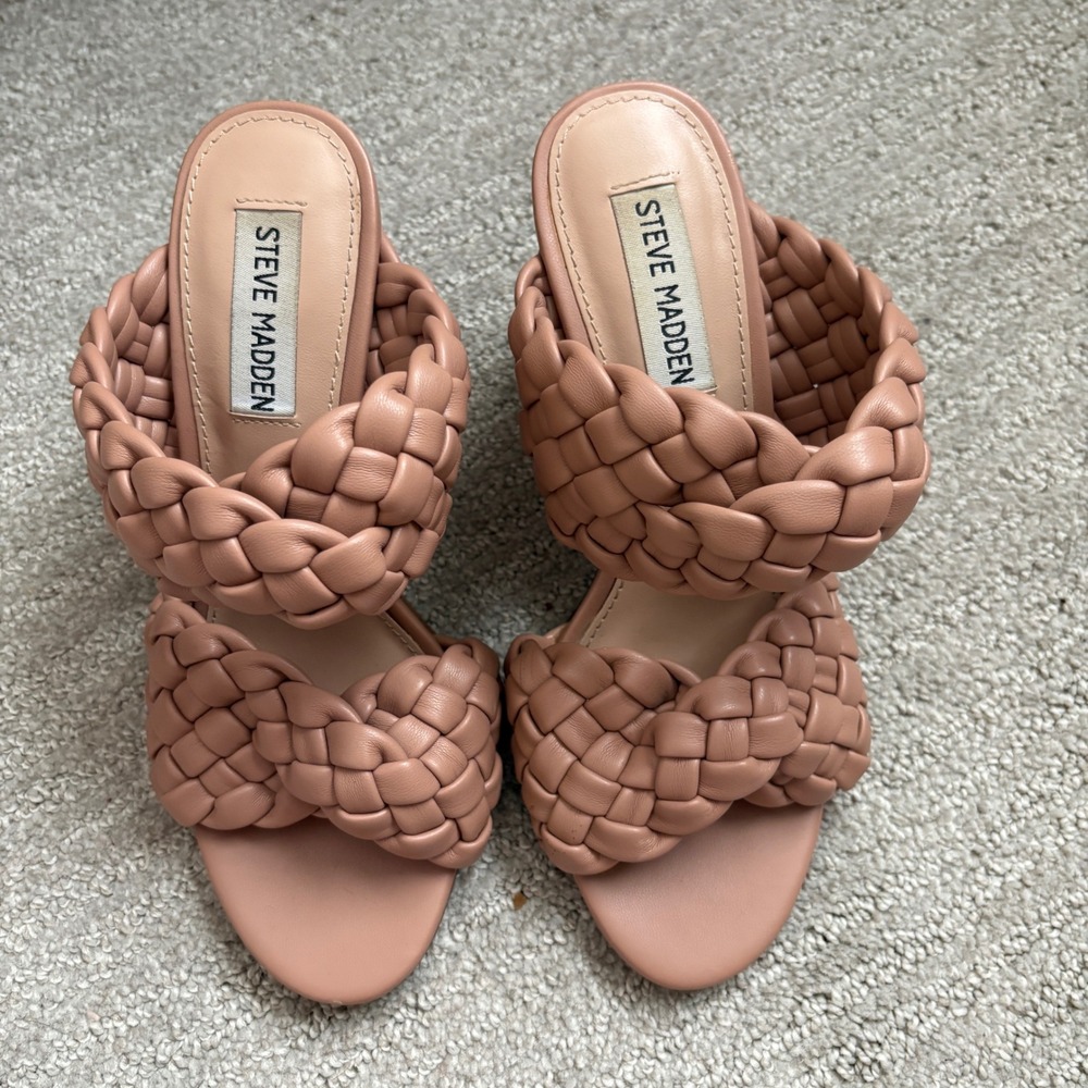 Steve Madden Twisted Braided Block Heel Mules Blush Pink Nude Sandals Size 7M